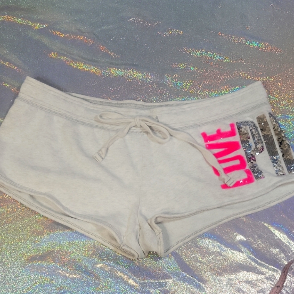 Y2K Vintage Rare VS Pink Grey Shorty Shorts Hot Pink Sequin Bling Drawstring SzM
